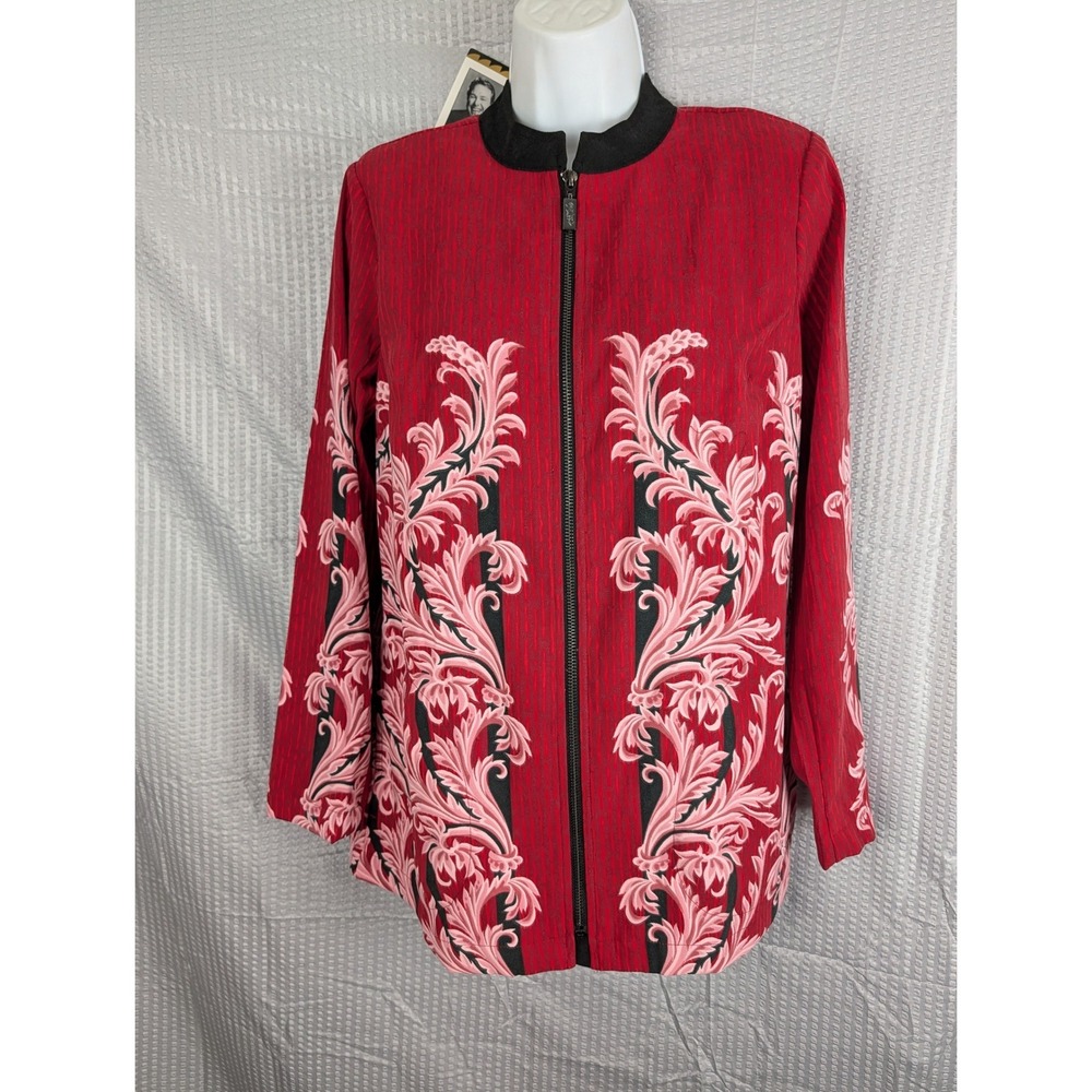 Bob Mackie Wearable Art Womens Red Baroque Scroll Zip Front Jacket‎ XXS